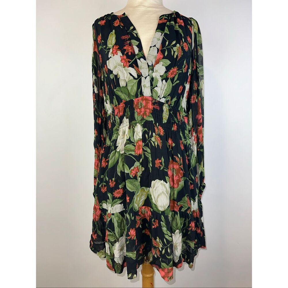 Anthropologie Medium Somerset Mini Dress Long Sleeve Smocked Tiered Boho Black